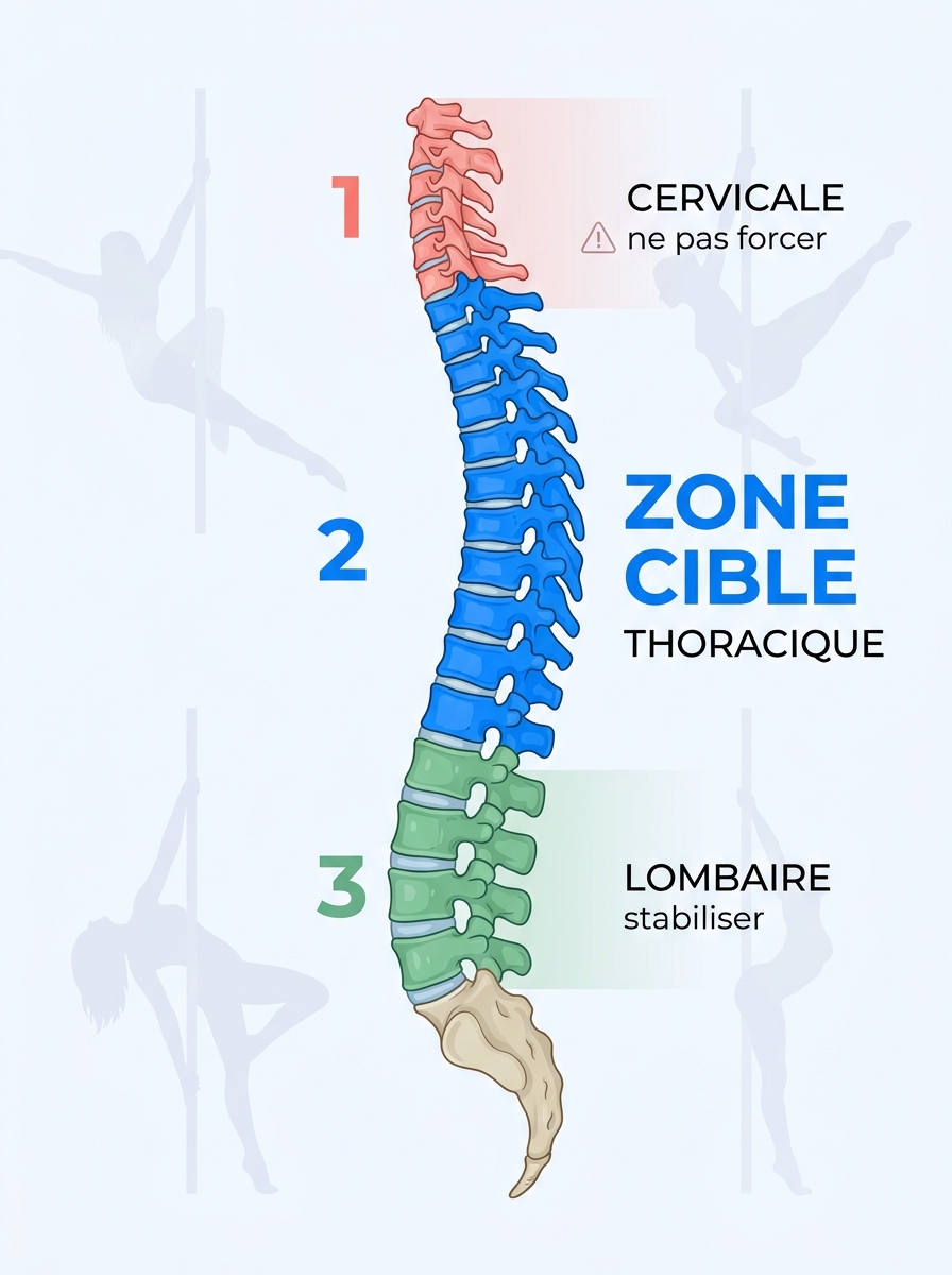 Anatomie de la colonne vertébrale en pole dance : 3 zones cervicale, thoracique, lombaire