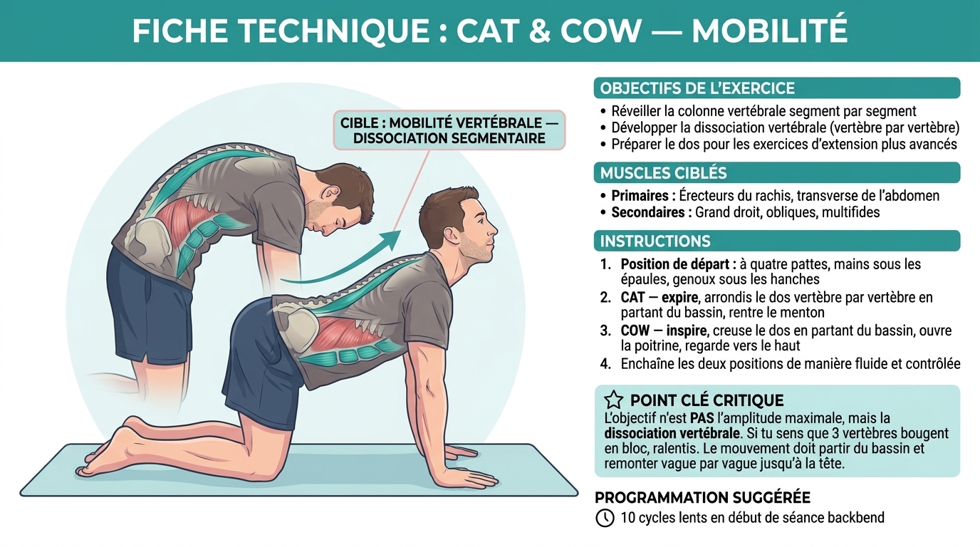 Fiche technique Cat & Cow : objectifs, muscles ciblés, instructions et programmation