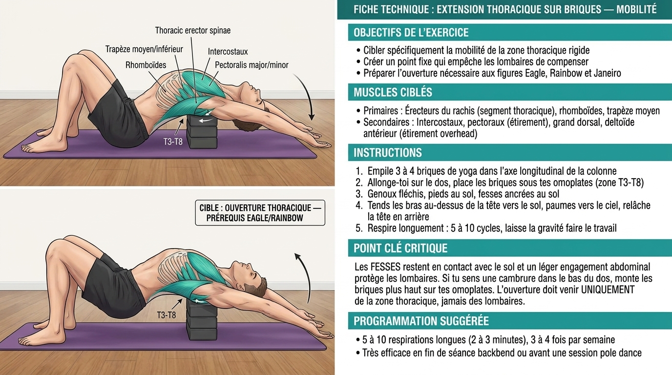 Fiche technique Extension thoracique sur briques : placement, muscles ciblés, programmation