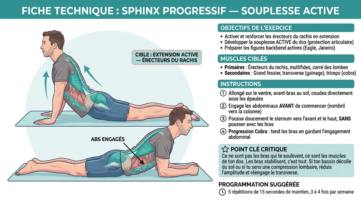 Fiche technique Sphinx progressif : muscles profonds du dos, instructions étape par étape