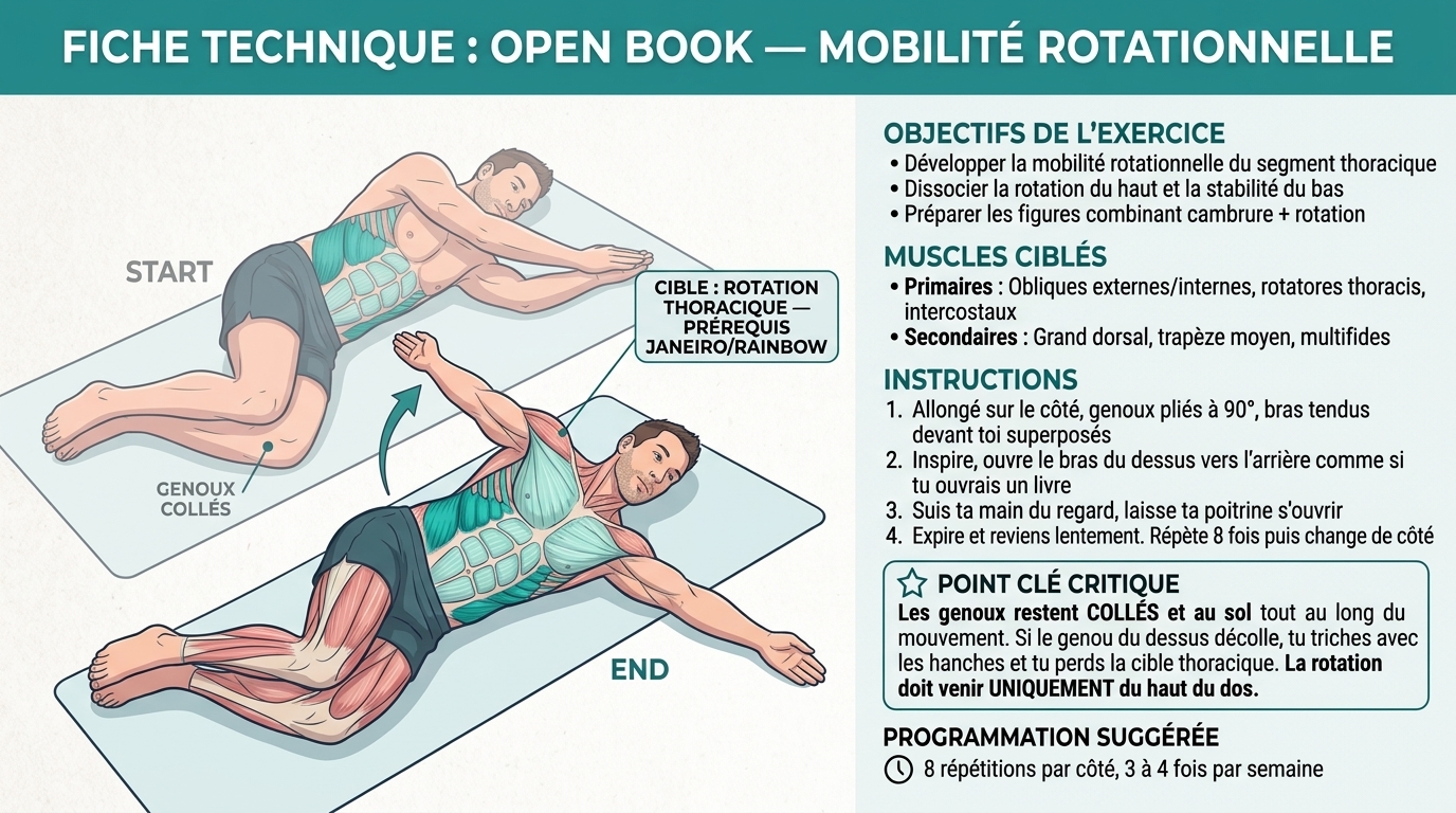 Fiche technique Open Book : mobilité rotationnelle thoracique, obliques, programmation