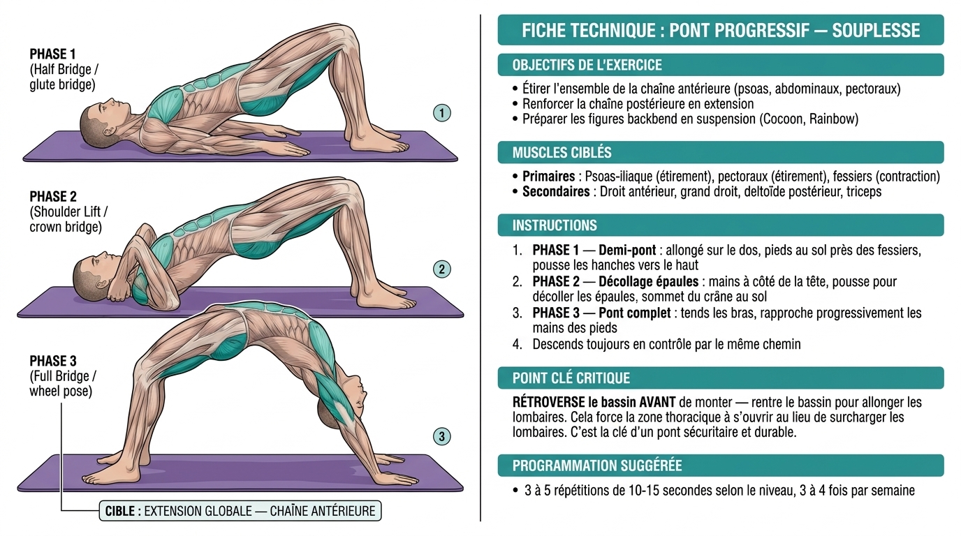 Fiche technique Pont progressif : 3 phases demi-pont, décollage épaules, pont complet