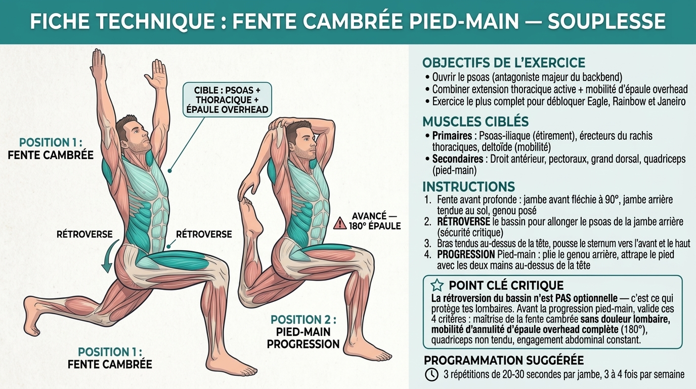 Fiche technique Fente cambrée pied-main : psoas, thoracique, mobilité épaule overhead