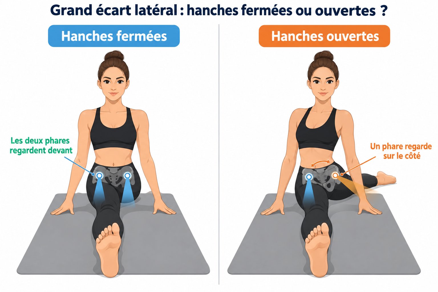 Grand écart latéral hanches fermées (bassin carré, les deux os du bassin face à l'avant) comparé au grand écart hanches ouvertes (hanche arrière tournée vers l'extérieur)