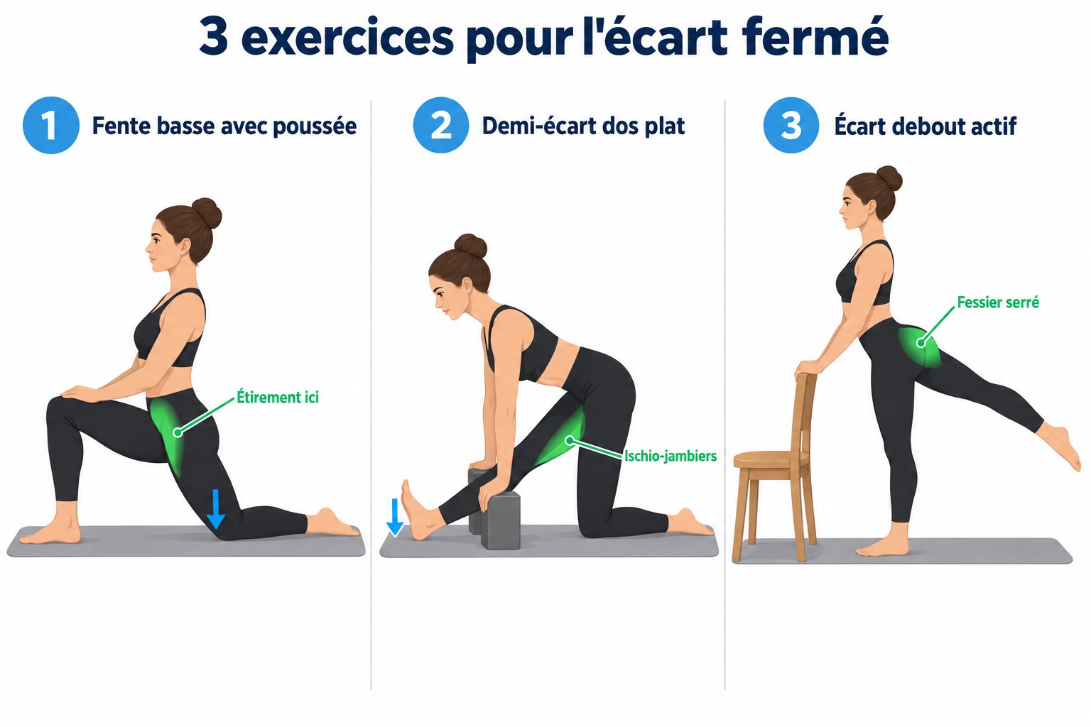 Trois exercices pour le grand écart latéral hanches fermées : fente basse bassin carré, demi-écart dos plat et écart debout actif