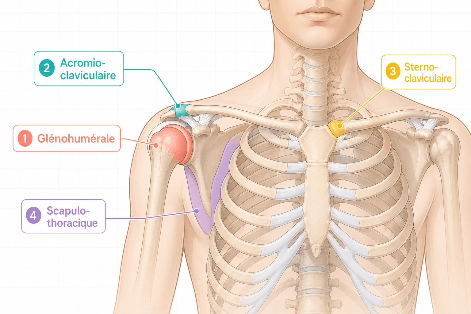 Schéma anatomique des 4 articulations de l'épaule : glénohumérale, acromio-claviculaire, sterno-claviculaire, scapulo-thoracique