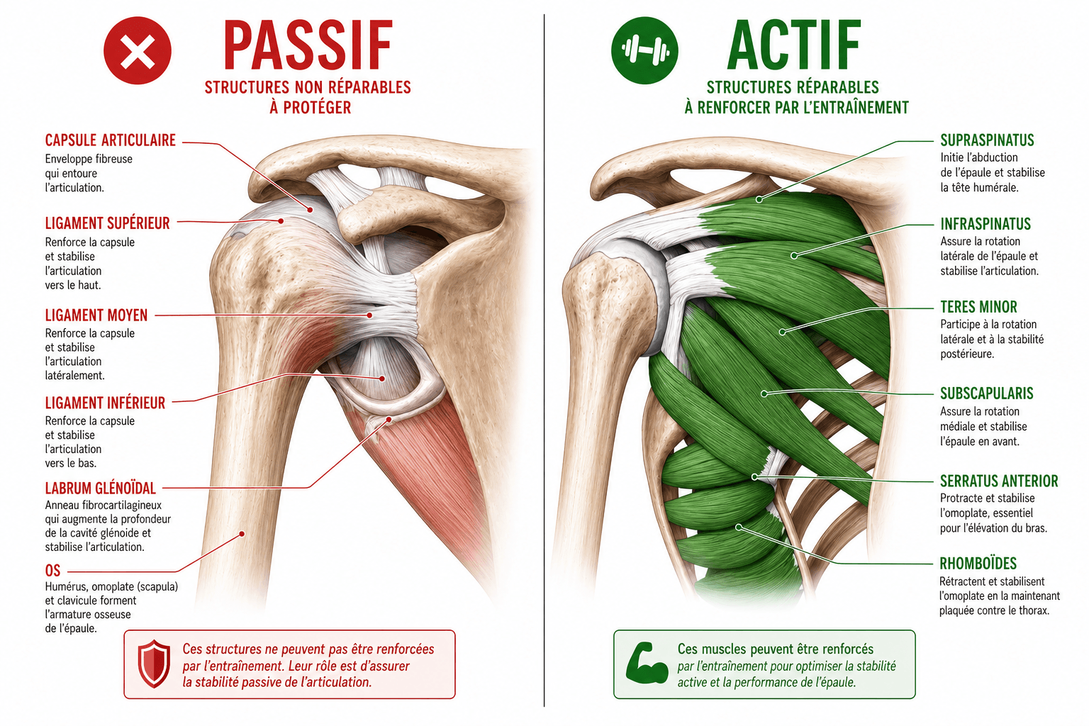 Comparaison entre support passif (capsule, ligaments, labrum) et support actif (coiffe des rotateurs, serratus, rhomboïdes) de l'épaule