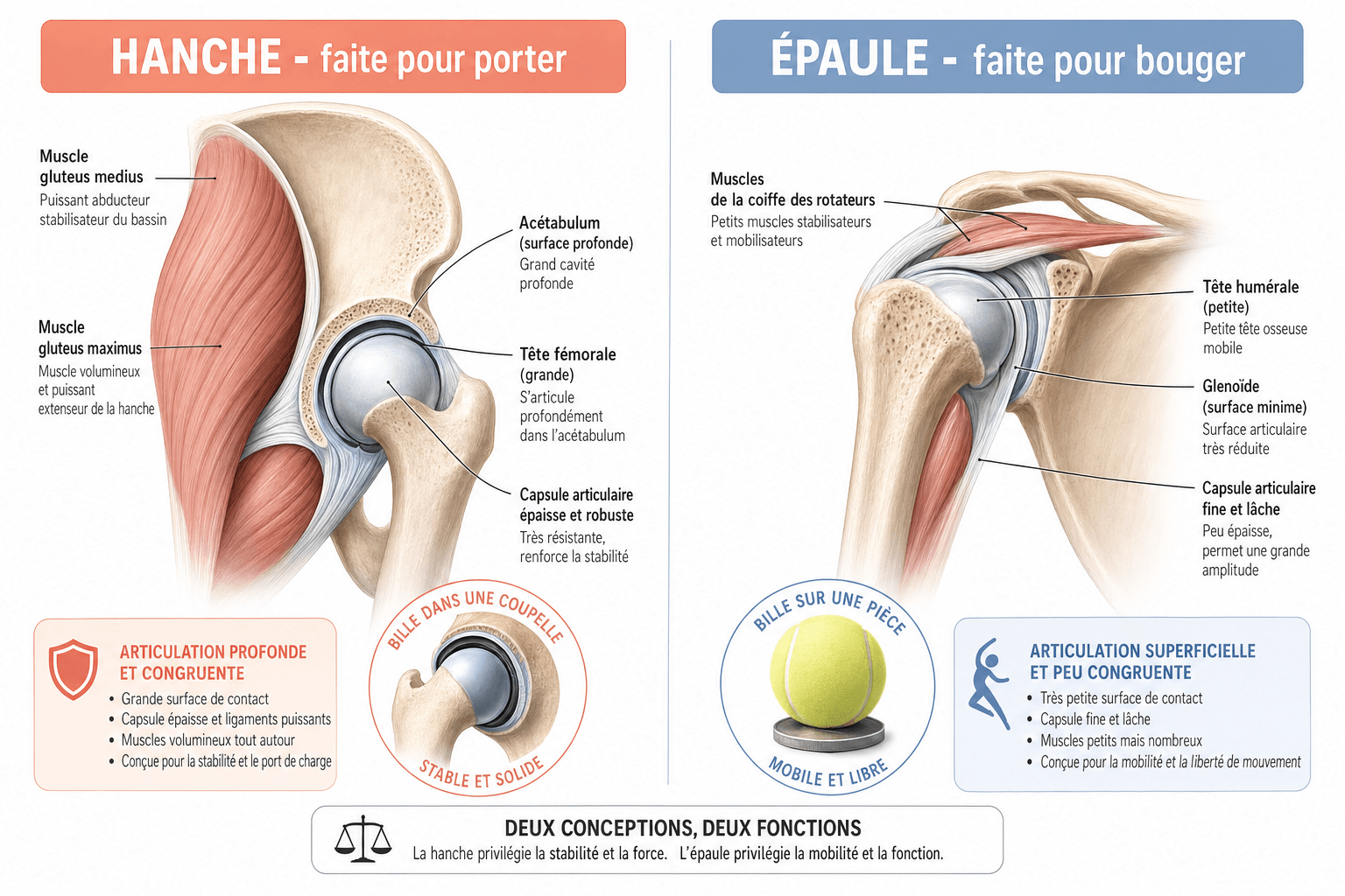 Comparaison anatomique entre l'articulation de la hanche, conçue pour porter du poids, et l'épaule, conçue pour la mobilité