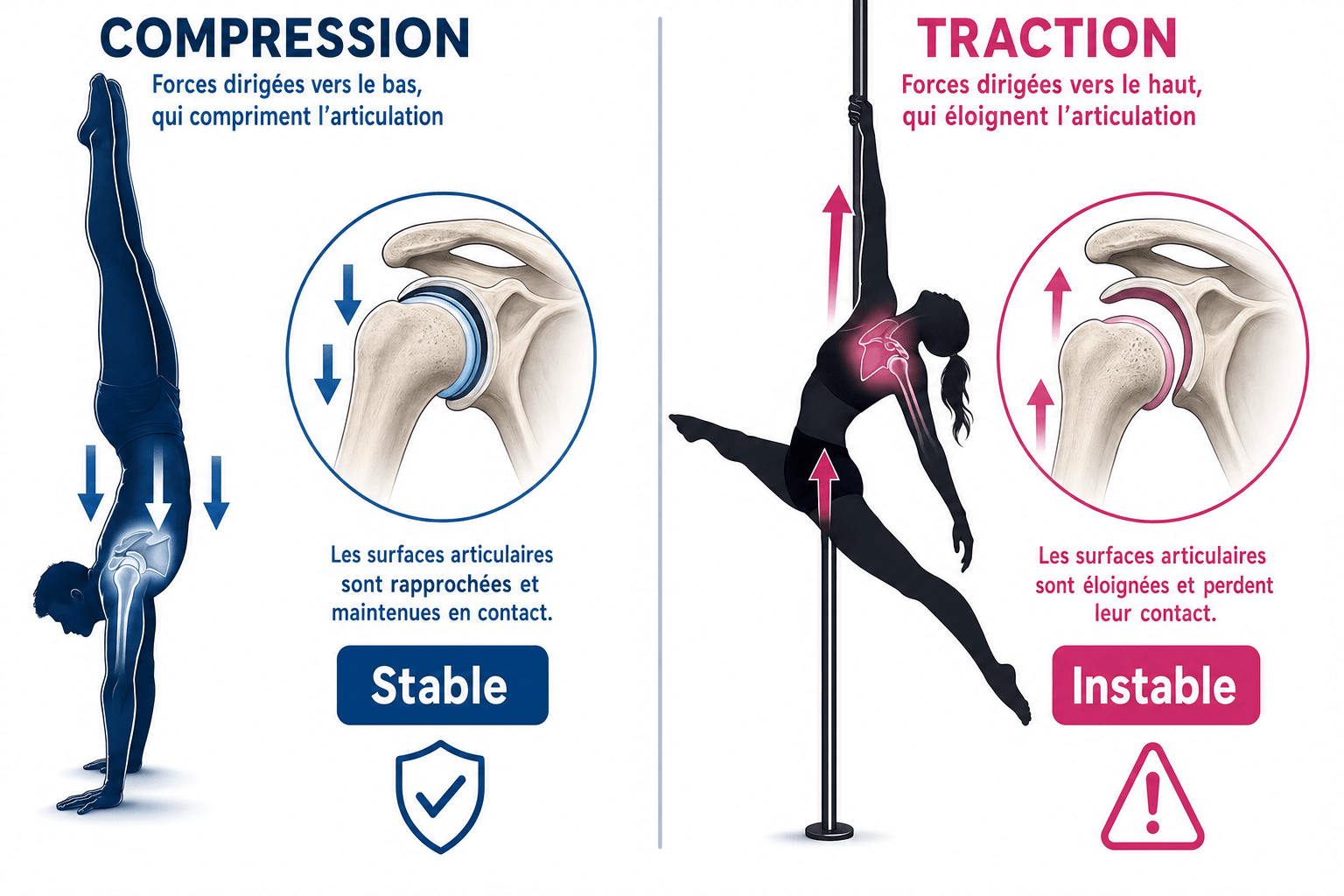 Schéma comparant la compression (handstand, push-up) et la traction (suspension, hang) sur l'articulation de l'épaule