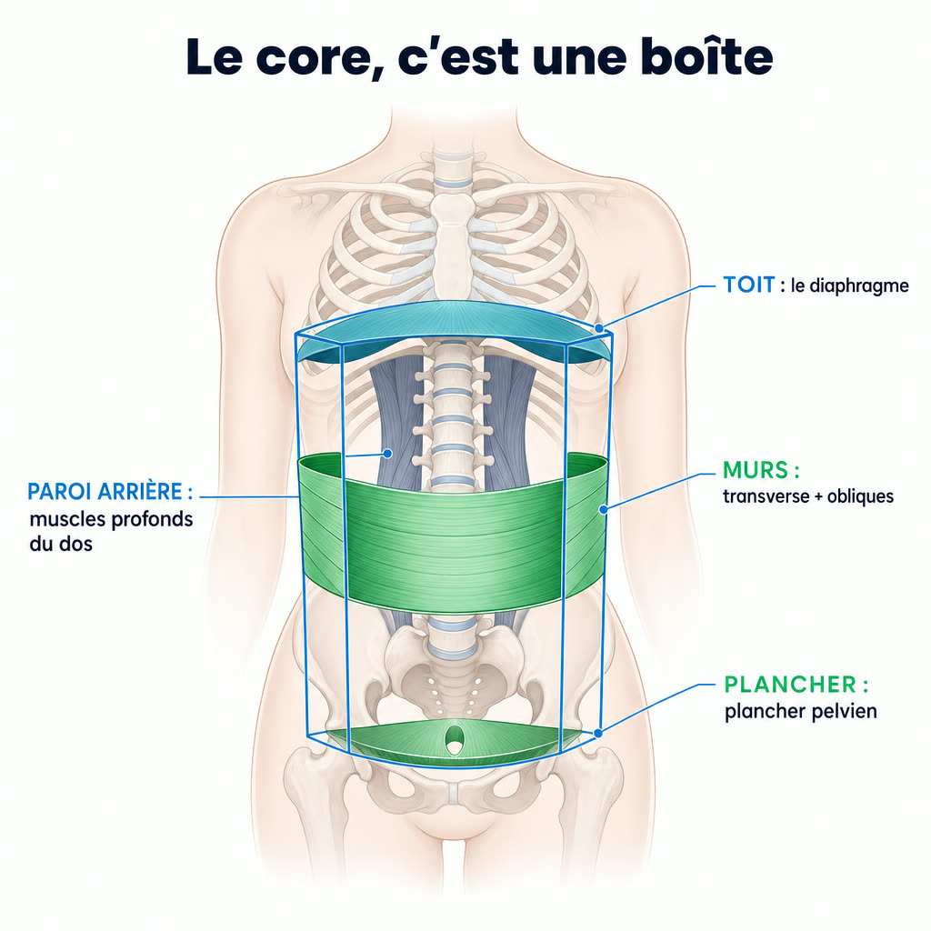 Schéma du core représenté comme une boîte : le diaphragme en toit, le transverse et les obliques en murs, les muscles profonds du dos en paroi arrière, le plancher pelvien en plancher