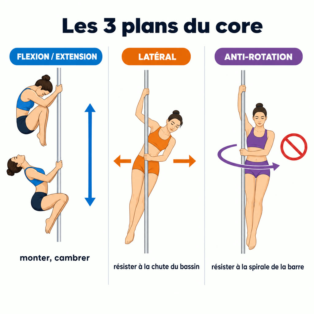 Les 3 plans du core en pole dance : flexion-extension (monter, cambrer), latéral (résister à la chute du bassin) et anti-rotation (résister à la spirale imposée par la barre)