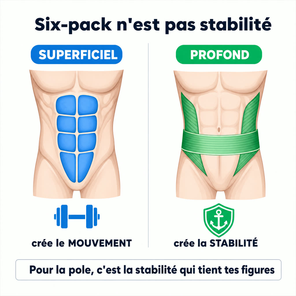 Comparaison entre le core superficiel (grand droit, le six-pack, qui crée le mouvement) et le core profond (transverse et obliques, qui crée la stabilité) : c'est la stabilité qui tient les figures en pole