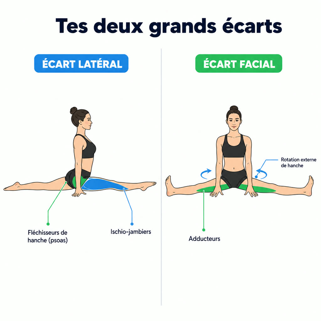 Schéma comparant l'écart latéral (une jambe devant, une derrière — ischio-jambiers et fléchisseurs de hanche) et l'écart facial (jambes écartées sur les côtés — adducteurs et rotation externe de hanche)