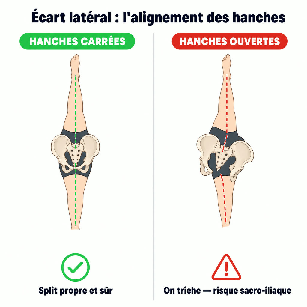 Schéma de l'alignement des hanches en écart latéral : hanches carrées (split propre et sûr) versus hanches ouvertes (triche et risque sacro-iliaque)
