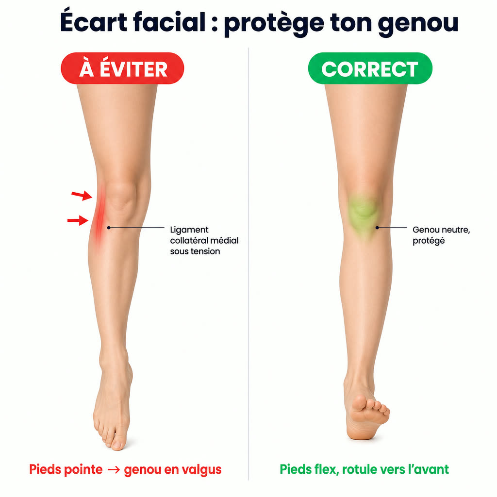 Schéma de sécurité du genou en écart facial : pieds pointe entraînant un valgus et une tension du ligament collatéral médial, versus pieds flex avec genou neutre et protégé