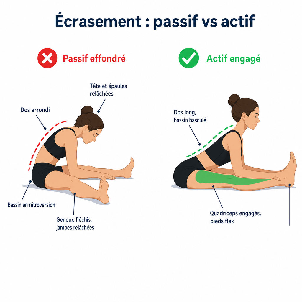 Schéma comparant l'écrasement passif effondré dos rond (inefficace) et l'écrasement actif avec dos long, quadriceps engagés et bascule du bassin (efficace)