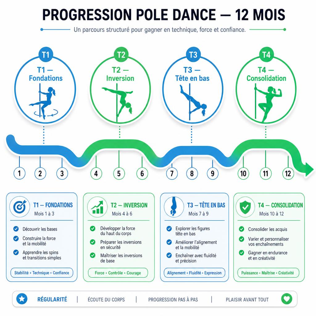 Frise de progression pole dance sur 12 mois en 4 trimestres : fondations (spins et assises), première inversion, figures tête en bas (leg hangs), consolidation du niveau intermédiaire