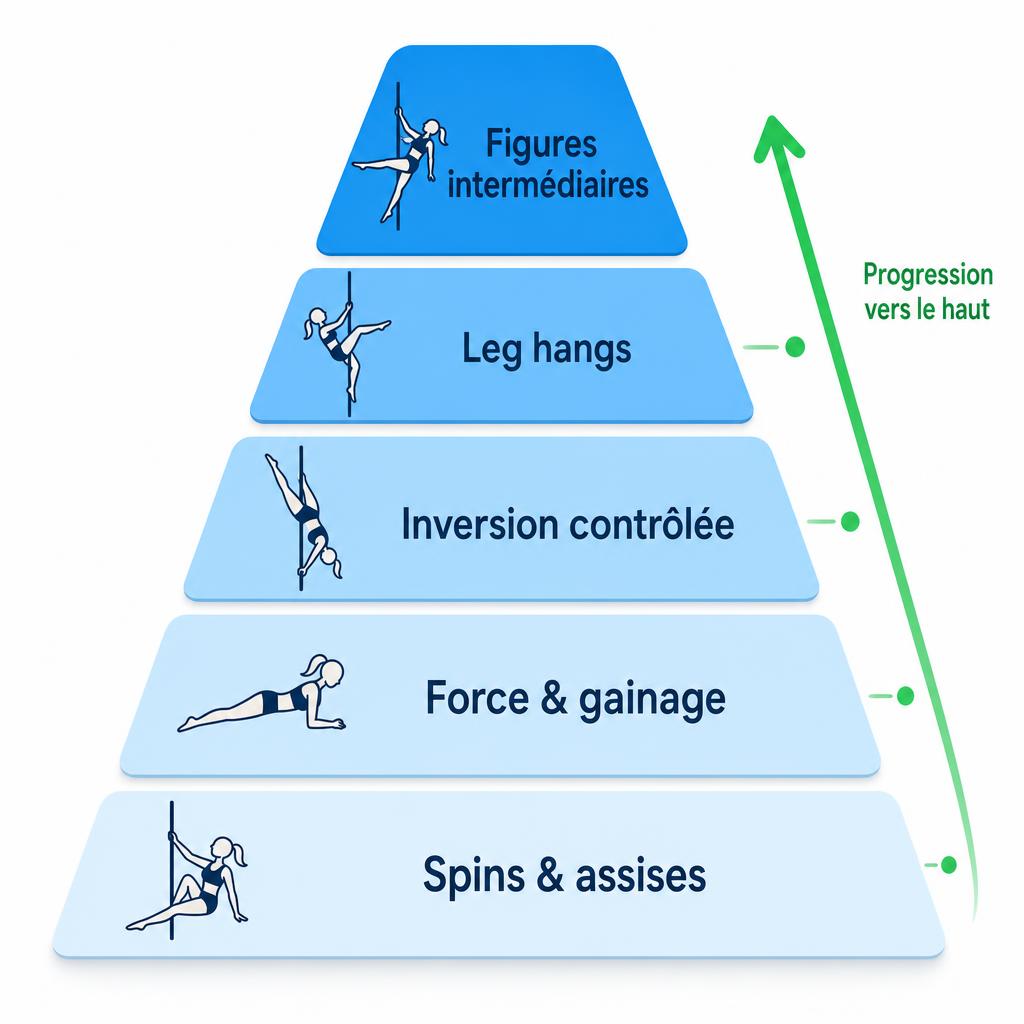Pyramide des prérequis en pole dance : spins et assises à la base, puis force et gainage, puis inversion contrôlée, puis crochets de jambe (leg hangs), et figures intermédiaires au sommet