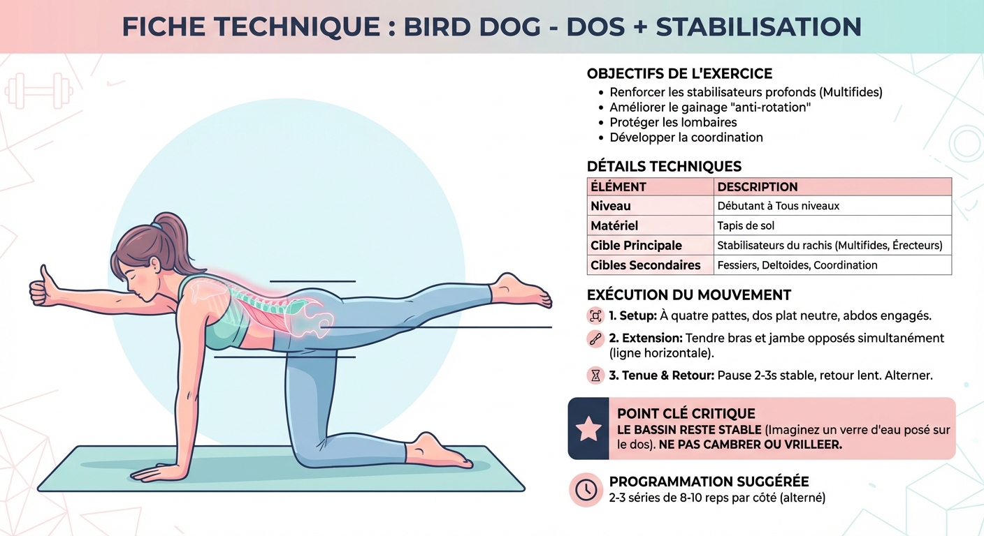 Exercice bird-dog stabilisation dos