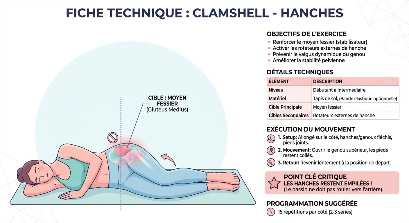 Exercice clamshell hanches