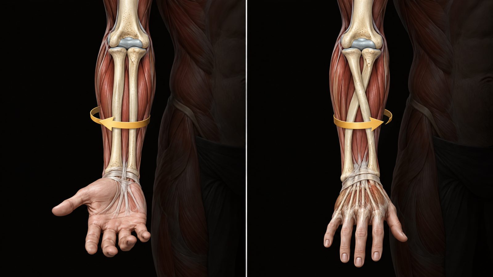Avant-bras en supination puis en pronation : le radius croise le cubitus